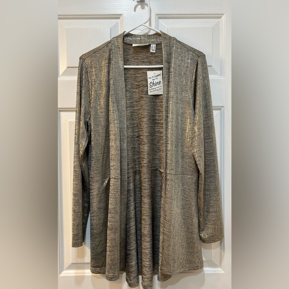 NWT Susan Graver Cardigan Gold Metallic‎ Open Front Sweater Holiday Women's Sz M